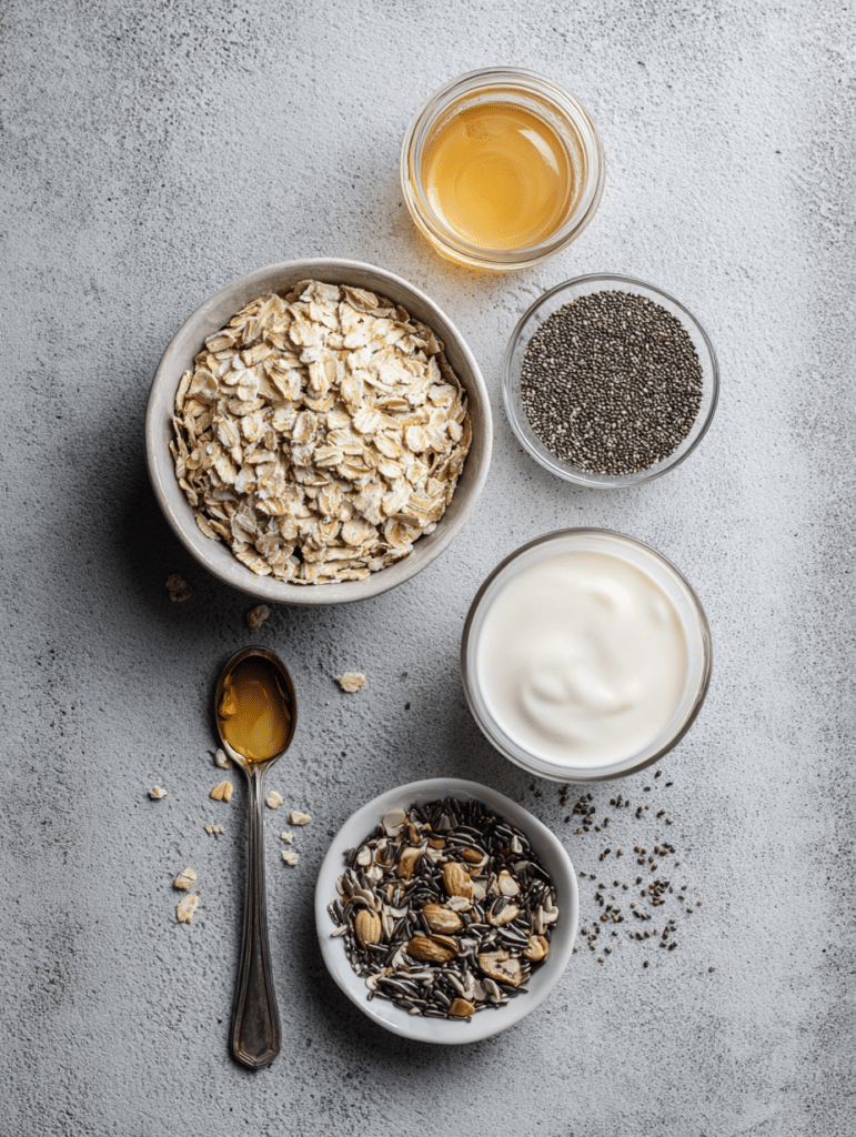 Overnight oats with chia seeds ingredients flat lay with oats milk and yogurt