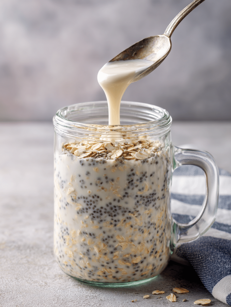 Overnight oats with chia seeds being stirred in glass jar before refrigeration