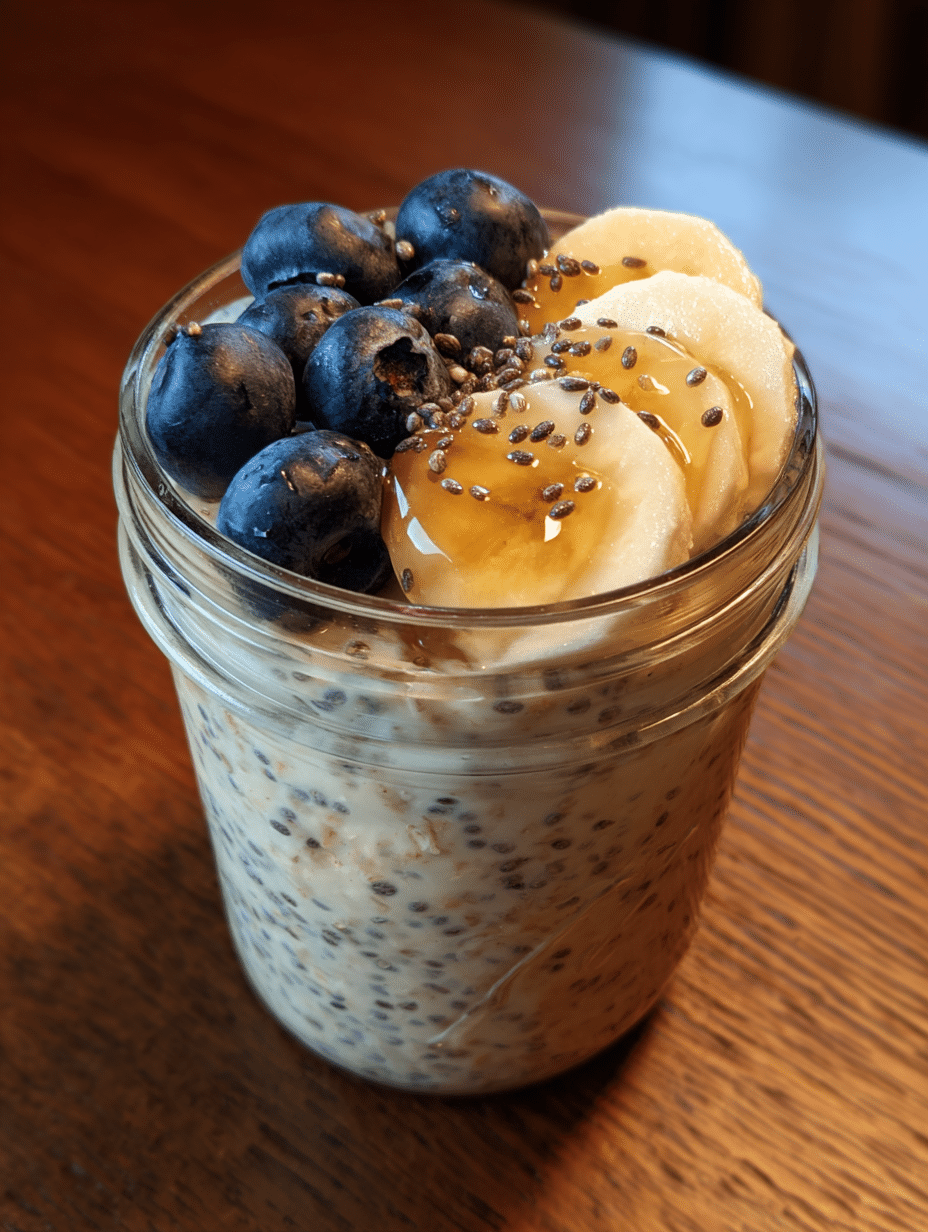 Overnight oats with chia seeds in mason jar topped with blueberries and honey