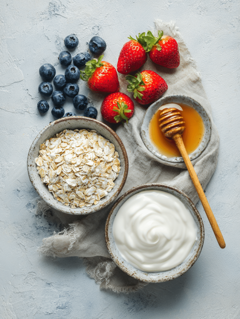 Overnight oats with yogurt ingredients including oats yogurt and honey