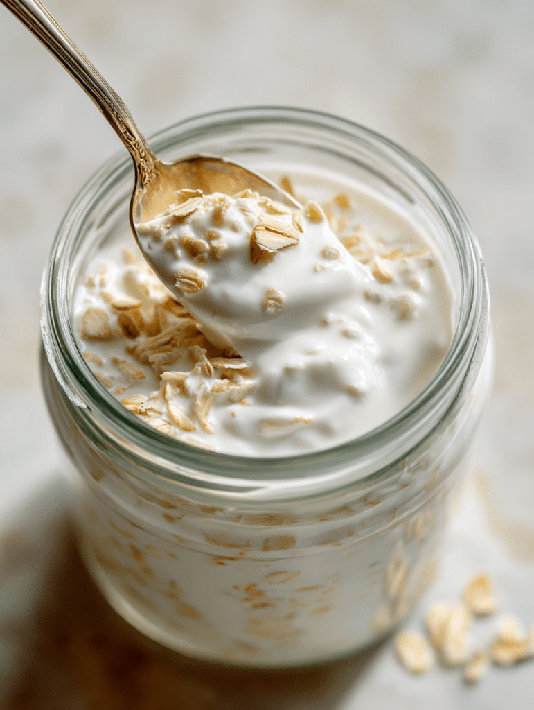 Overnight oats with yogurt being stirred before refrigeration