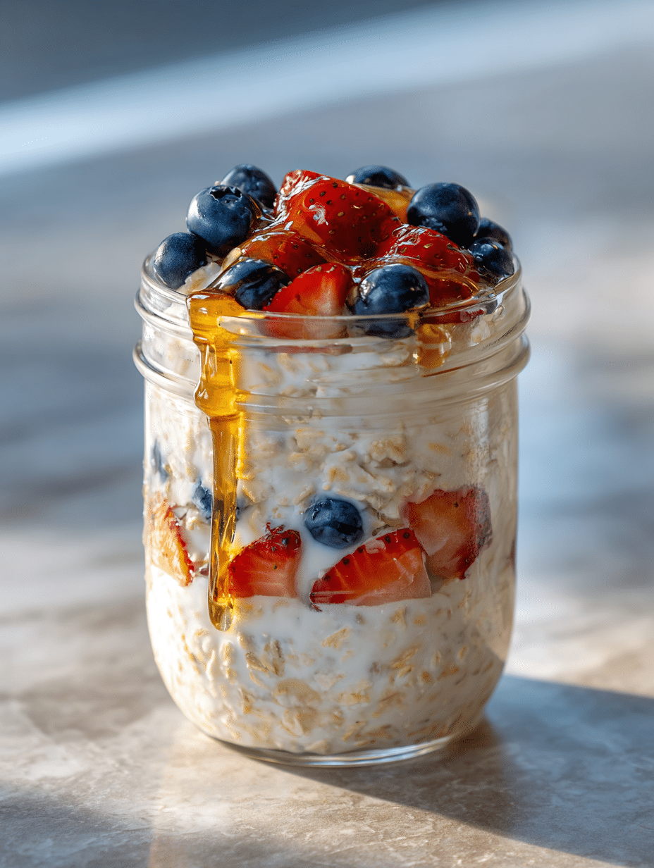 Overnight oats with yogurt in mason jar topped with berries