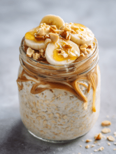 Peanut butter overnight oats in mason jar topped with banana slices