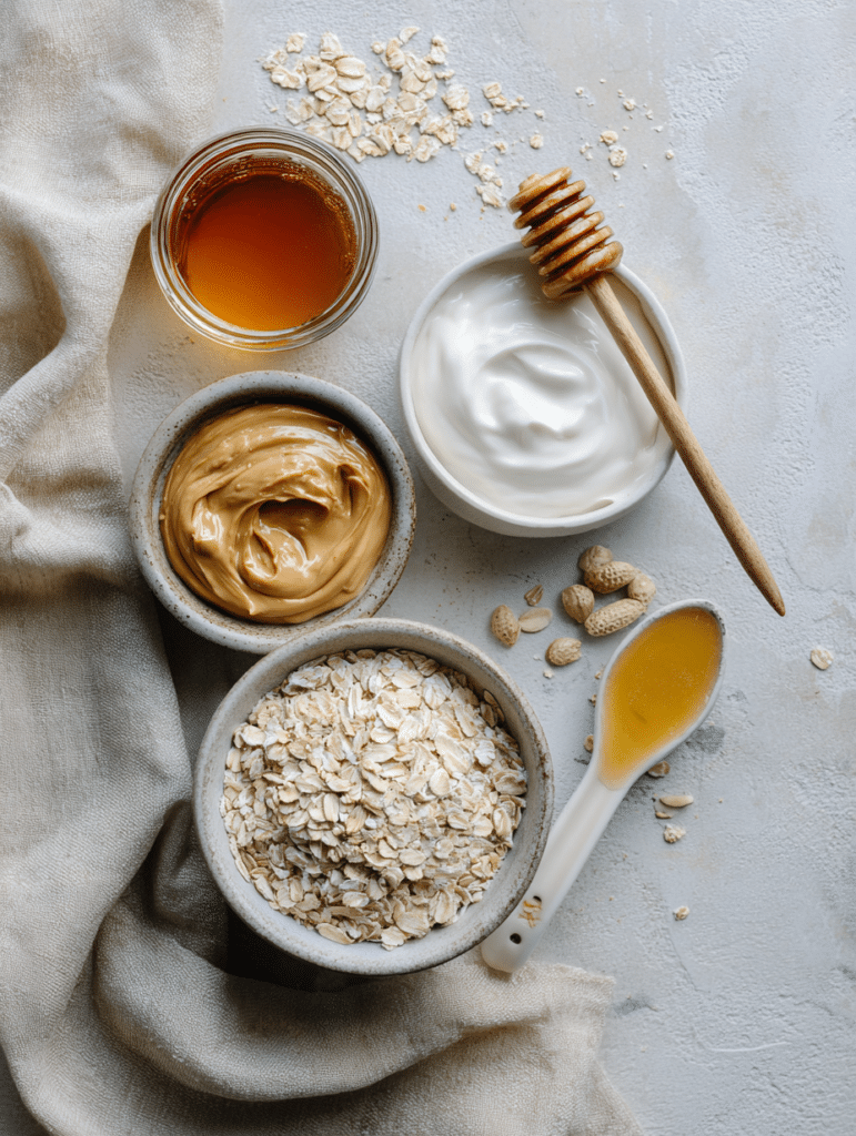 Peanut Butter Overnight Oats Peanut butter overnight oats ingredients with oats peanut butter milk and yogurt