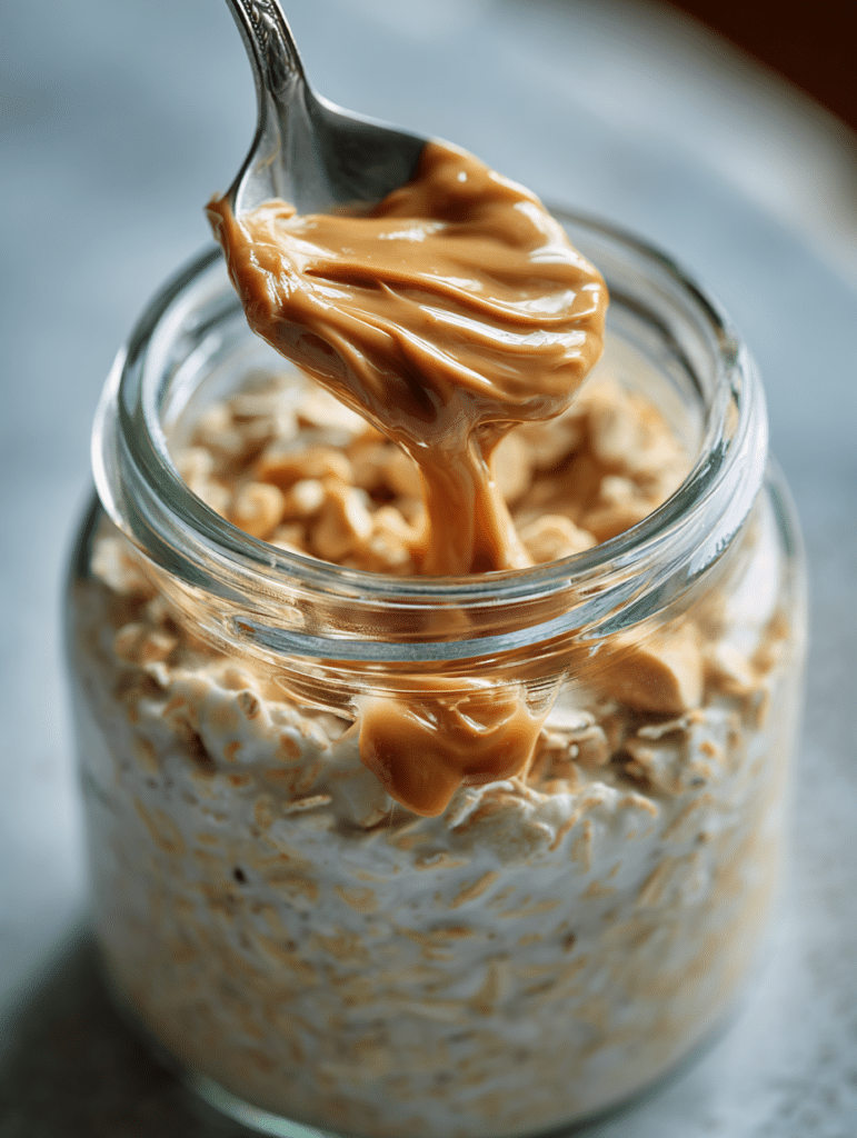 Peanut Butter Overnight Oats Peanut butter overnight oats being stirred before refrigeration