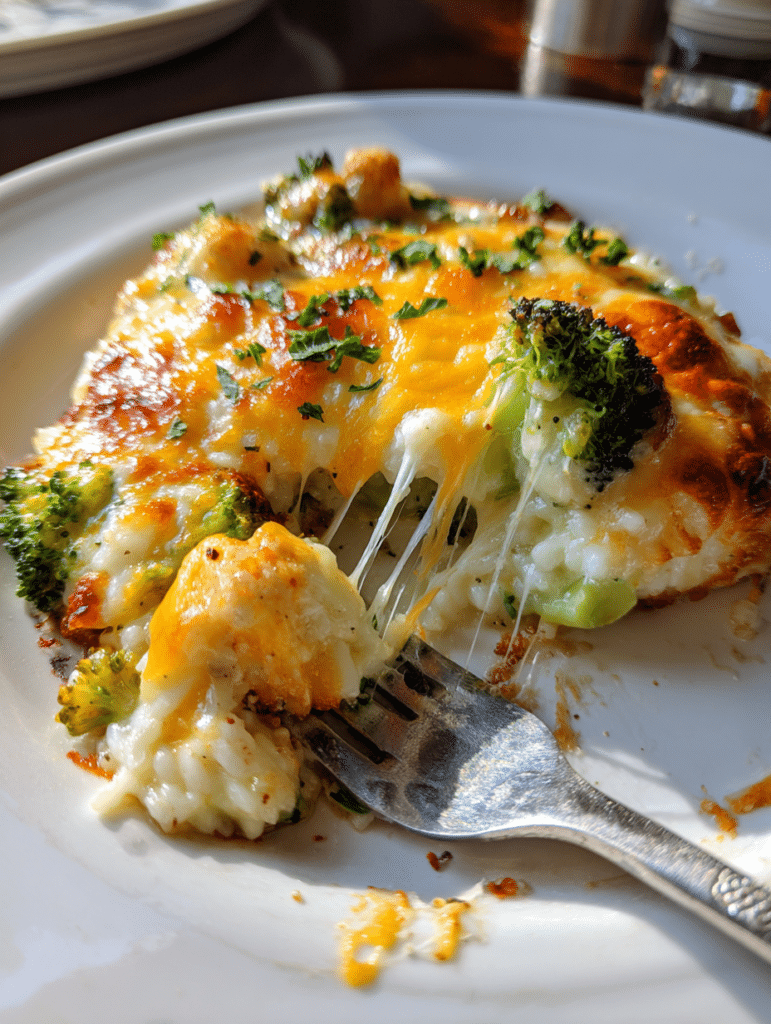 plated serving of cheesy chicken broccoli rice casserole