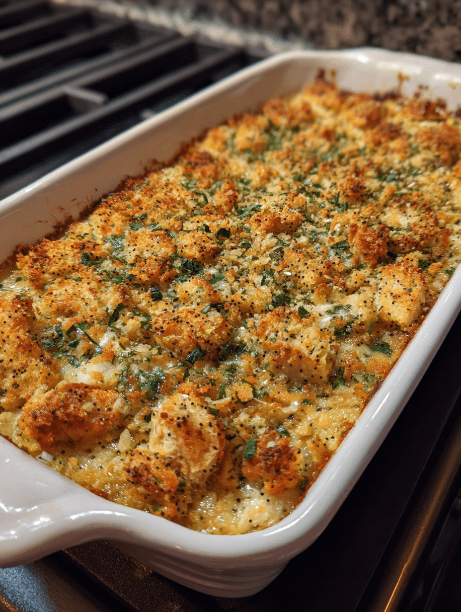 Poppy Seed Chicken Casserole poppy seed chicken casserole fresh from the oven in white dish