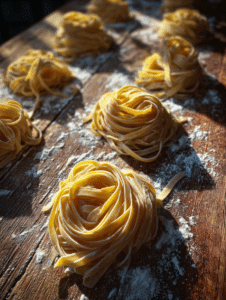 Gluten free fettuccine drying on floured wooden surface