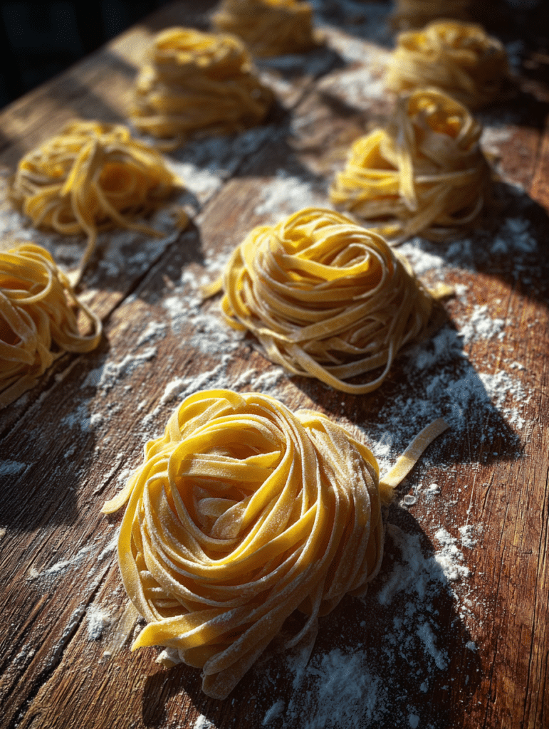 Gluten free fettuccine drying on floured wooden surface