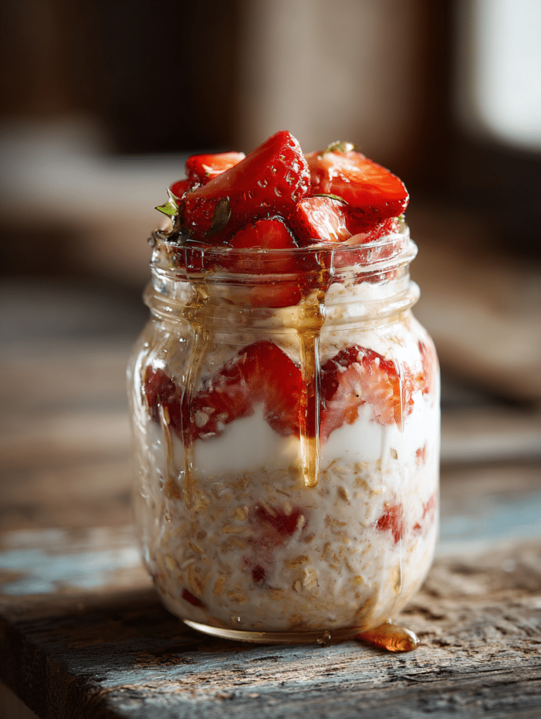 Strawberry overnight oats in mason jar topped with fresh strawberries