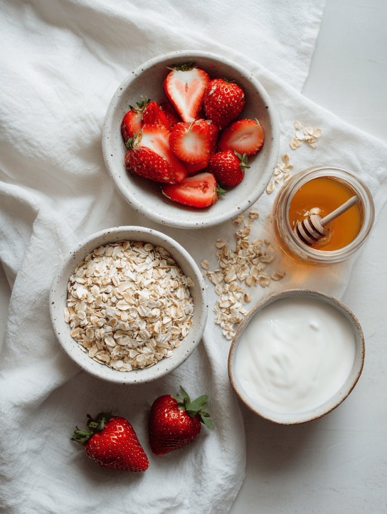Strawberry overnight oats ingredients with oats strawberries milk and yogurt