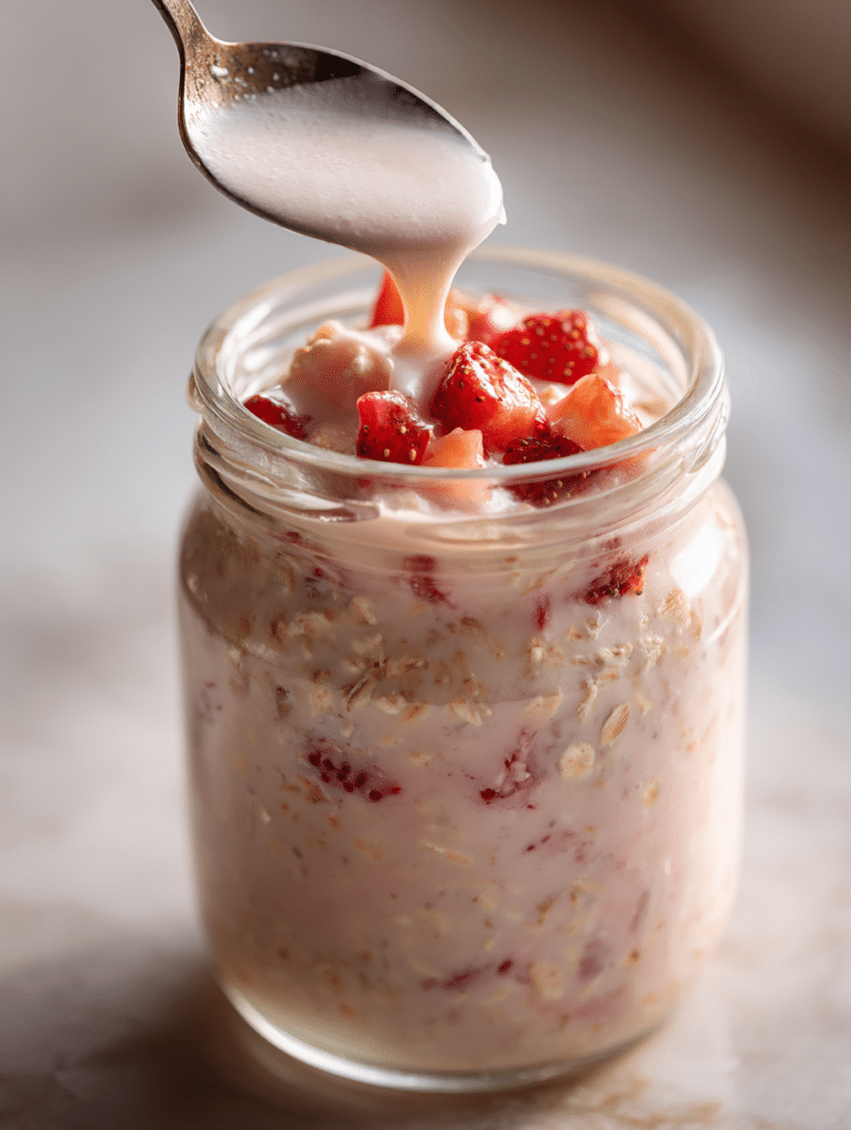 Strawberry overnight oats being stirred before refrigeration