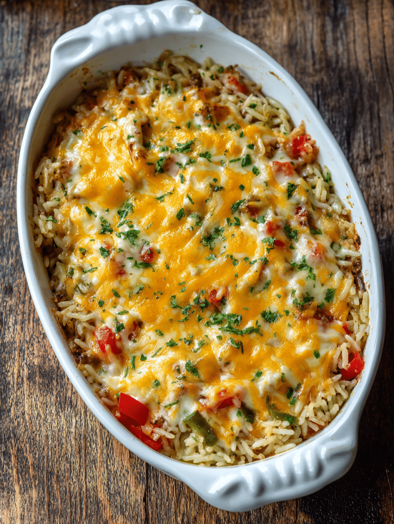 stuffed pepper casserole in a one pot with cheese and bell peppers