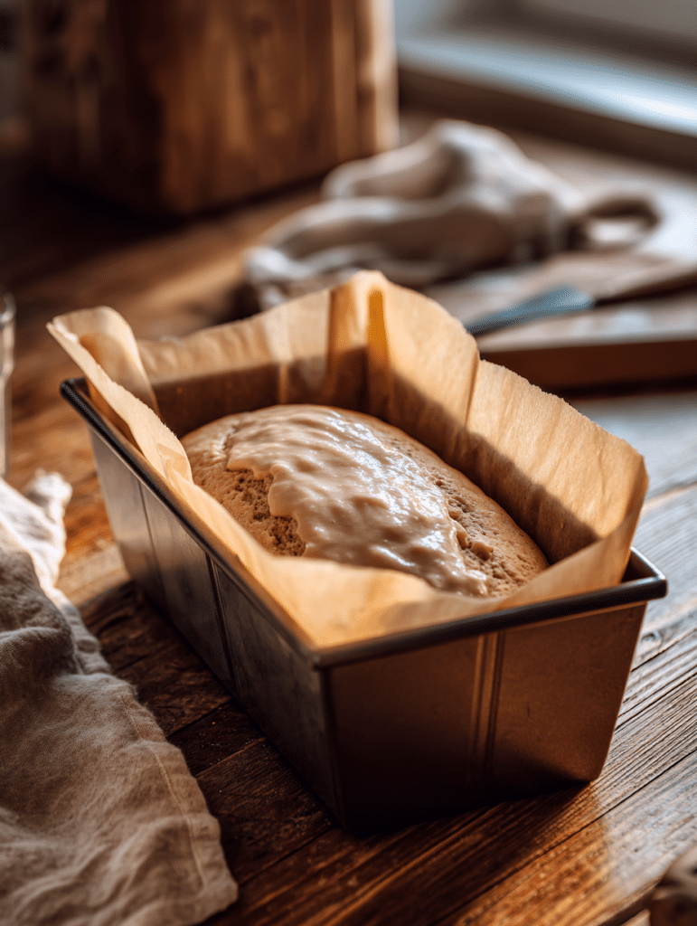 banana bread batter in loaf pan for sugar free banana bread recipe