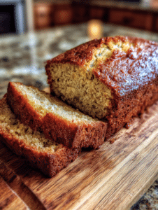 sugar free banana bread recipe sliced on wooden table