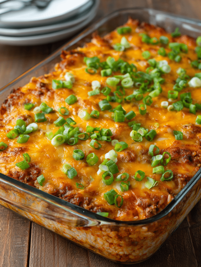 Taco rice casserole with melted cheese and toppings