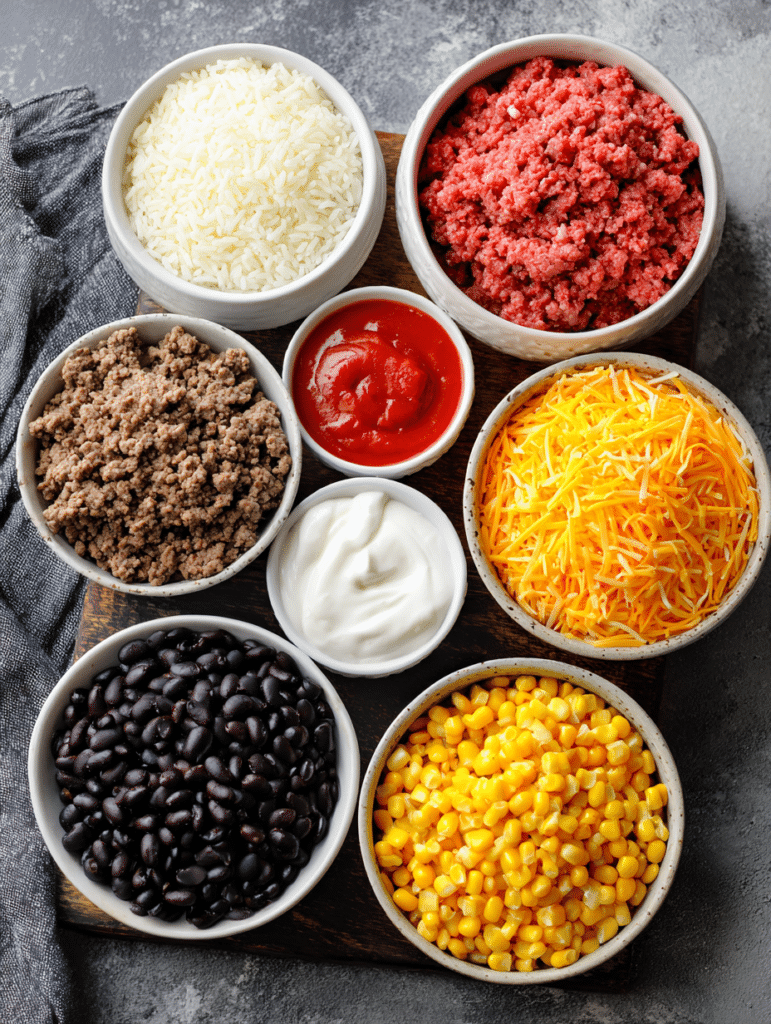 Ingredients for taco rice casserole on counter