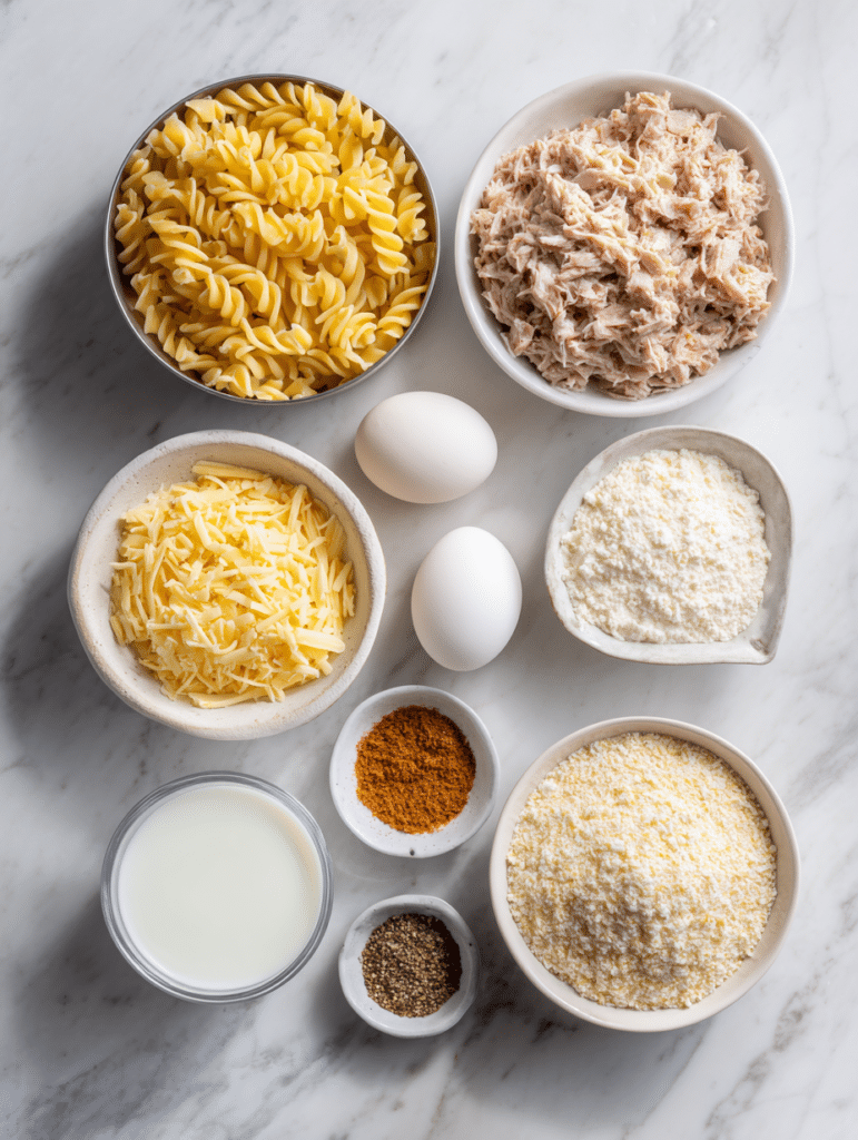 Tuna Casserole Recipe Tuna casserole ingredients including noodles, tuna, cheese, and soup