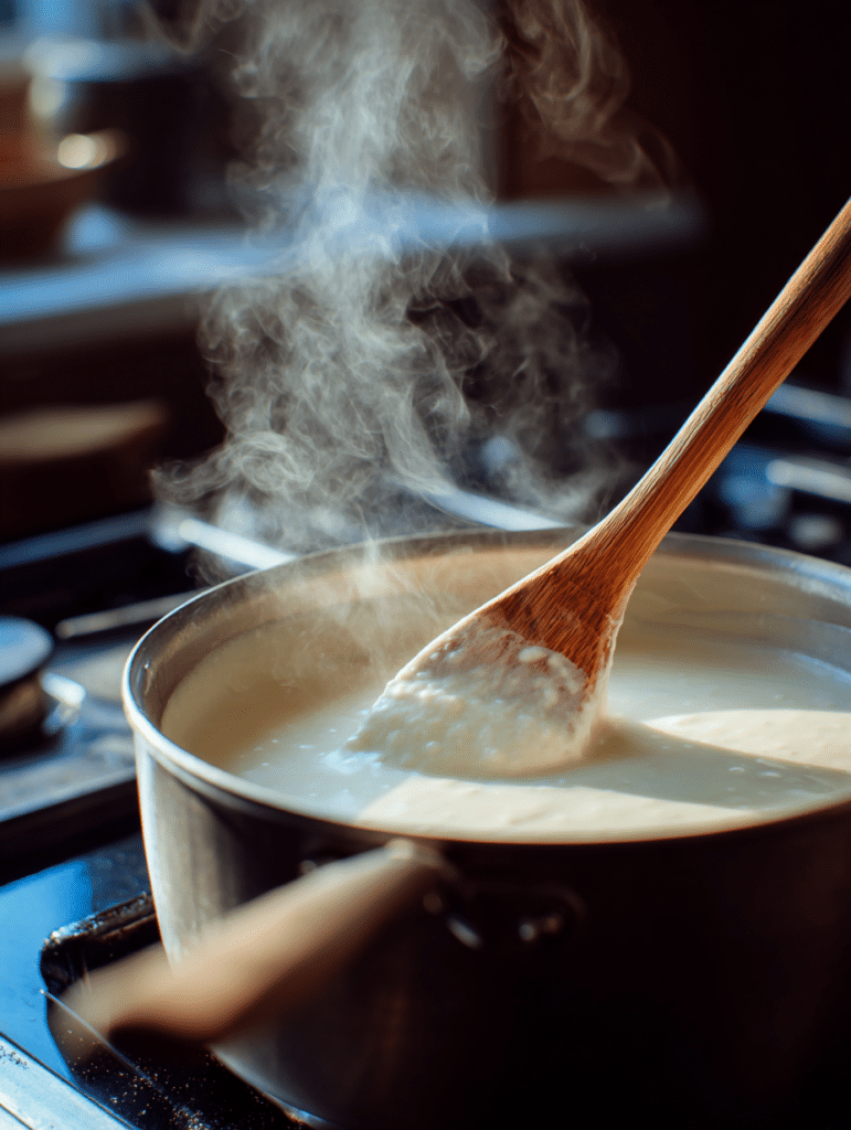 Tuna Casserole Recipe Whisking creamy white sauce for tuna casserole on stovetop