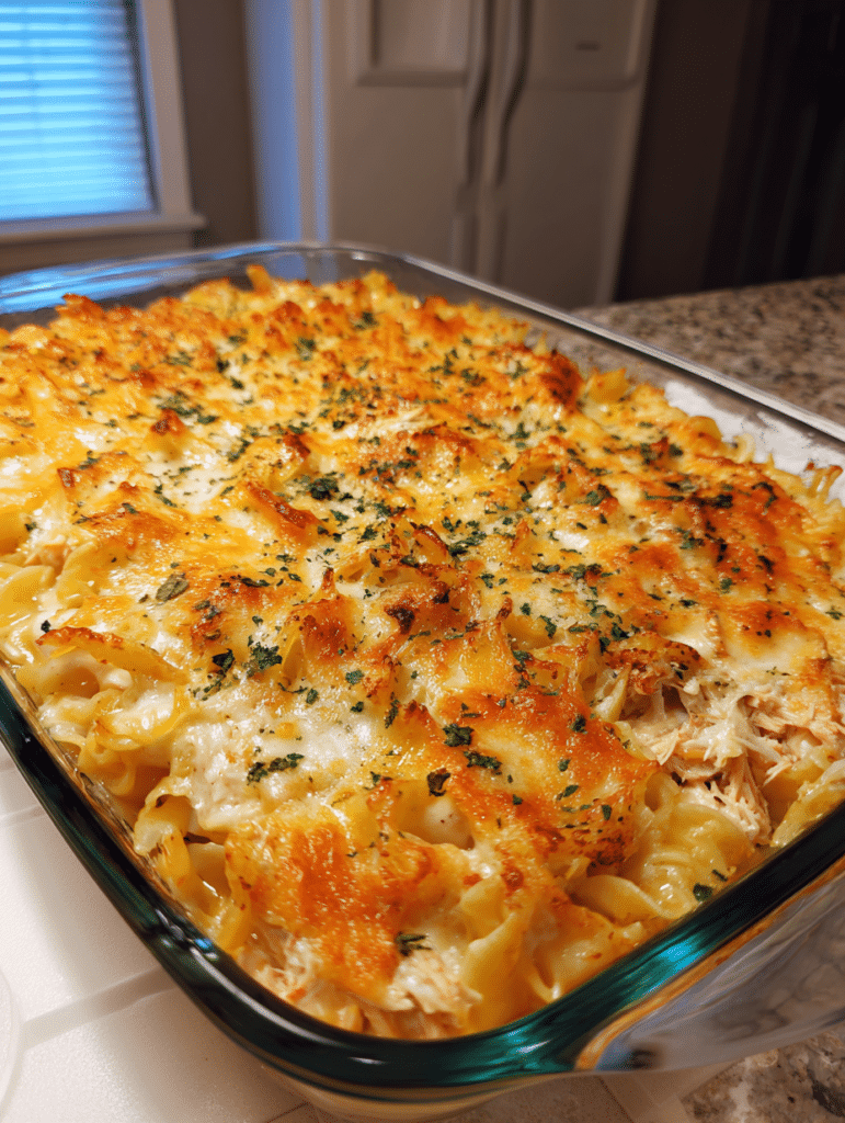 tuna noodle casserole baked creamy and golden in a casserole dish