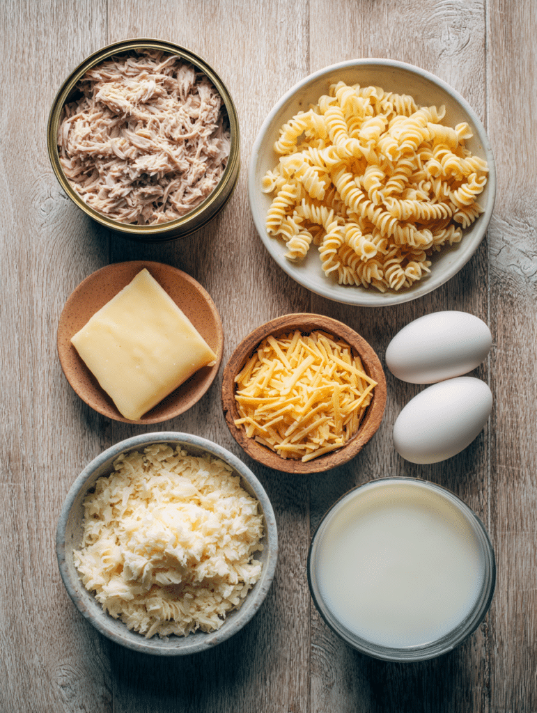 ingredients for tuna noodle casserole arranged before cooking